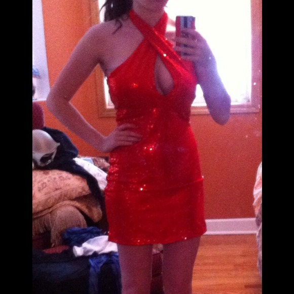 Hot red sequined halter dress