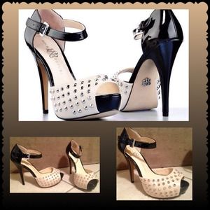 Black and Tan, studded peep toe platform heel