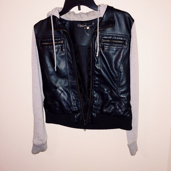 Hooded Leather Grey/Black Leather Jacket