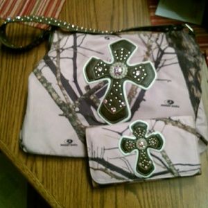 Pink Mossy Oak Camo rhinestone cross purse/wallet