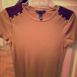 Brown short sleeved shirt with suede on shoulders