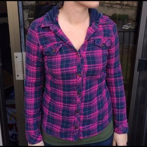 Pink and Blue Plaid Hooded Button up