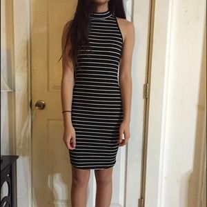 Striped midi bodycon dress with mock turtleneck