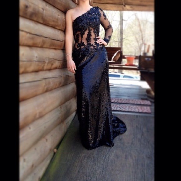 Black lace and sequin prom dress