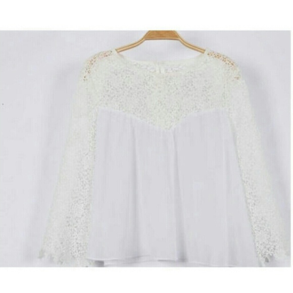 White sheer long sleeve blouse crochet sleeves m - Picture 2 of 4