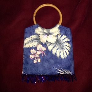 Blue Hawaiian Print Beaded Bag