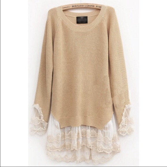 Sweaters - Tan sweater trimmed in lace size med