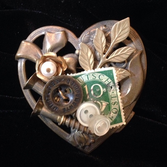 Vintage metal mixed media heart Valentine pin