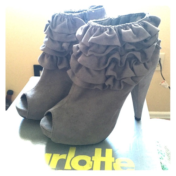 Grey Open Toe Ruffle Heels - Picture 1 of 4