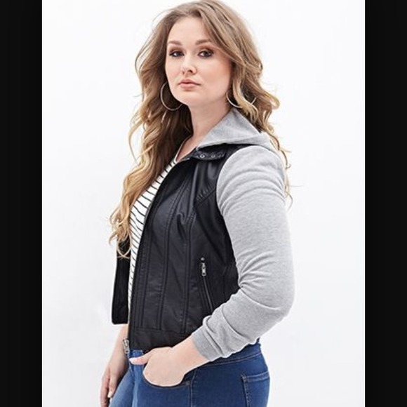 Black and grey pleather hoodie jacket