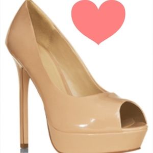 Just Fab nude patent leather peep toe pumps