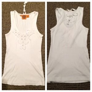 Tank w/ beaded floral/knit neckline