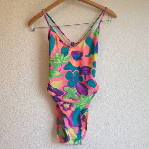 💐 90s neon floral retro swimsuit one piece bikini
