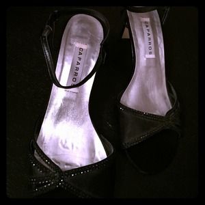 Black sequin open toe mini heel