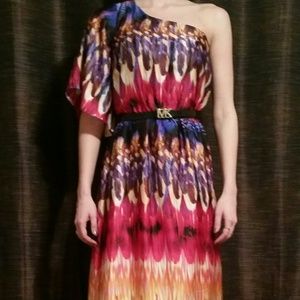Patterned, bright one sleve floor length dress