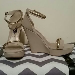 Beige ankle strap wedges!