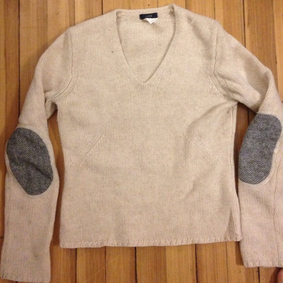 J. Crew Ivory V-neck sweater with elbow patches