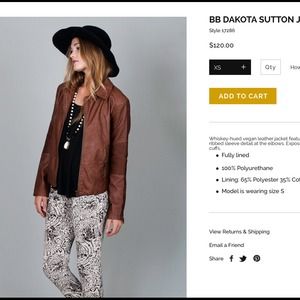 BB Dakota whiskey brown vegan leather jacket