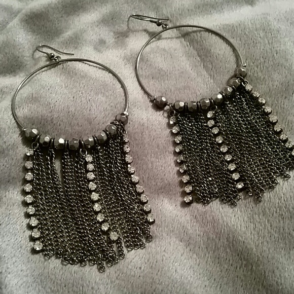 Silver hoop, diamond dangle earings.