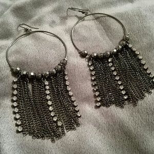 Silver hoop, diamond dangle earings.