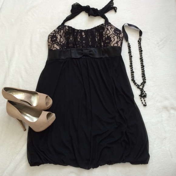 Macy's Dresses & Skirts - Sexy black halter neck lace front dress w/bow sz8