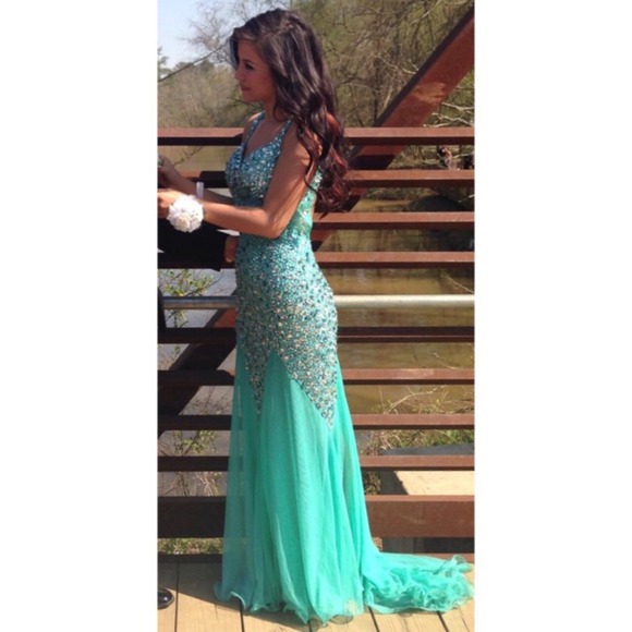 Aqua prom dress with lots of jewels