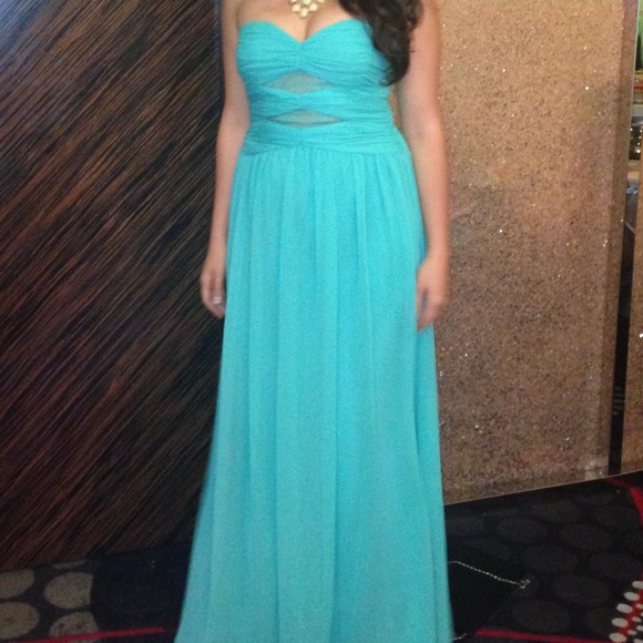 Max & Cleo Turquoise Lace Chiffon Gown