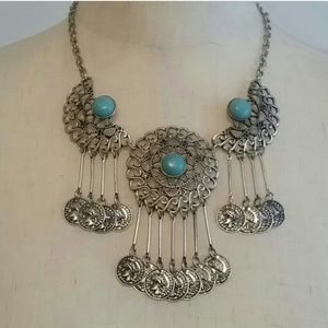 Boho turquoise and silver necklace
