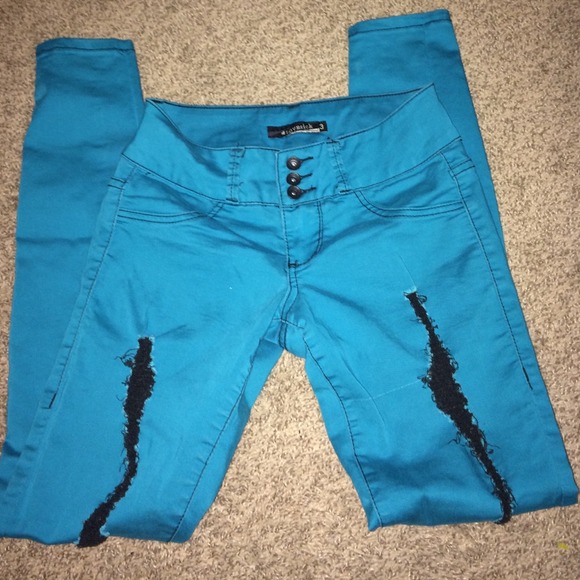 Hot Topic Lovesick Teal Ripped Skinny Jeans