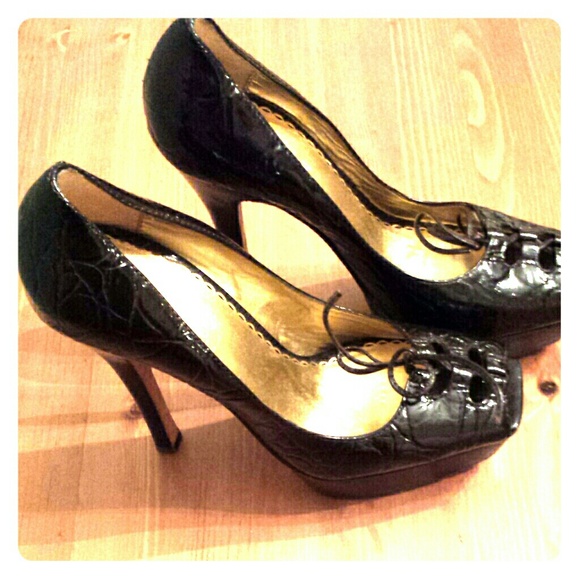 **SOLD** Bebe brown patent leather peep toe pumps