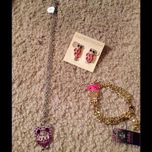 Owl bracelet, earrings and necklace