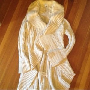 BEBE Long Open Ruffle Duster Cardigan, Cream