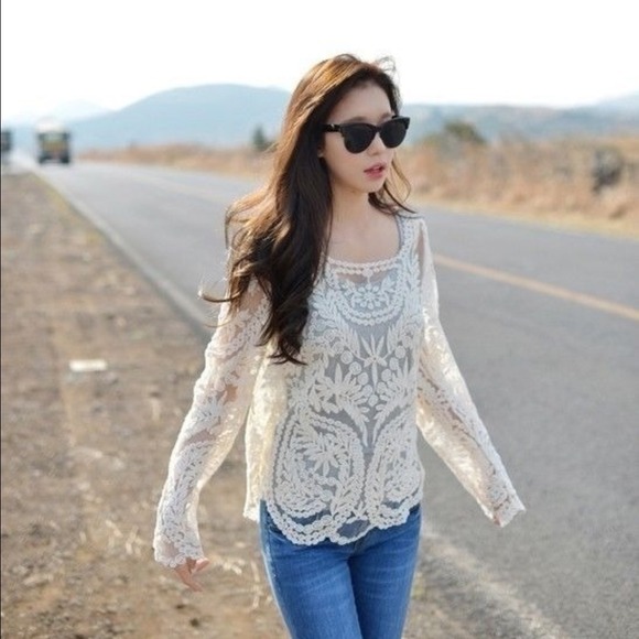 From Vintage and Beyond Tops - SOLD OUT 📍Most Popular Beige Embroidered Lace Top