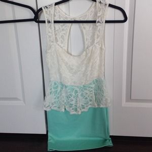 One-piece white lace and teal peplum dress, size S