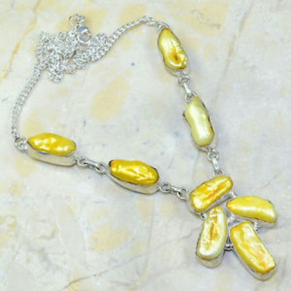 NEW Shiny Titanium Yellow Biwa Pearl Necklace