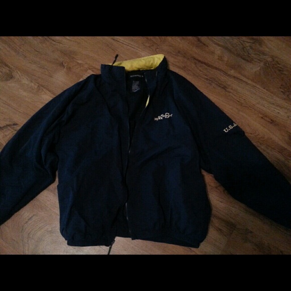 Mens navy jacket w/mystic seaport & USA decals