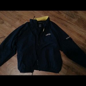 Mens navy jacket w/mystic seaport & USA decals