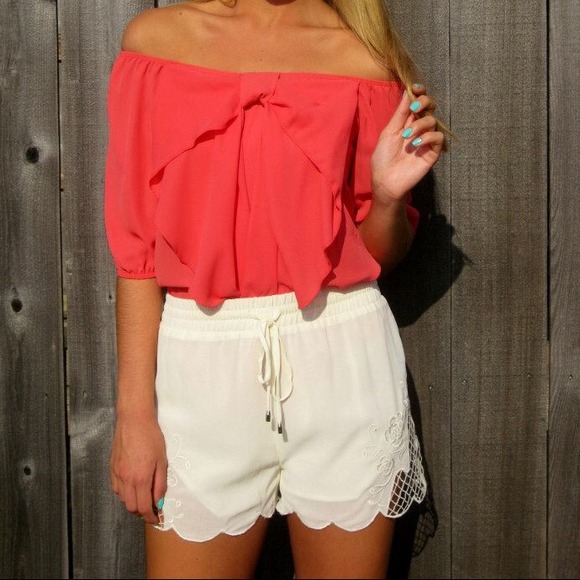 Coral off the shoulder Bow Front Top