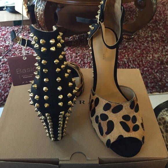 Zara leopard gold studded ankle strap heel - Picture 4 of 4