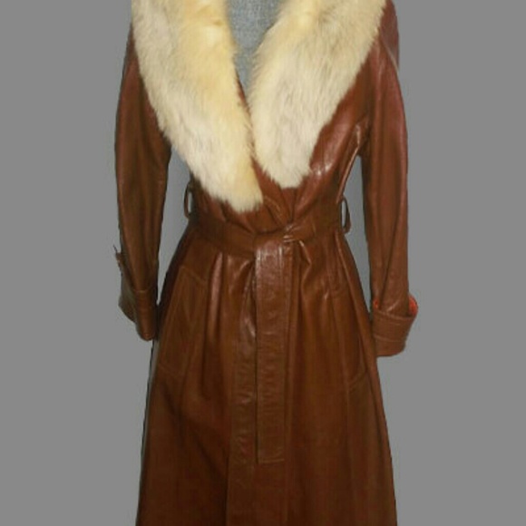 SOLD VTG Brown Leather Real Fur Shawl Collar Coat - Picture 2 of 3