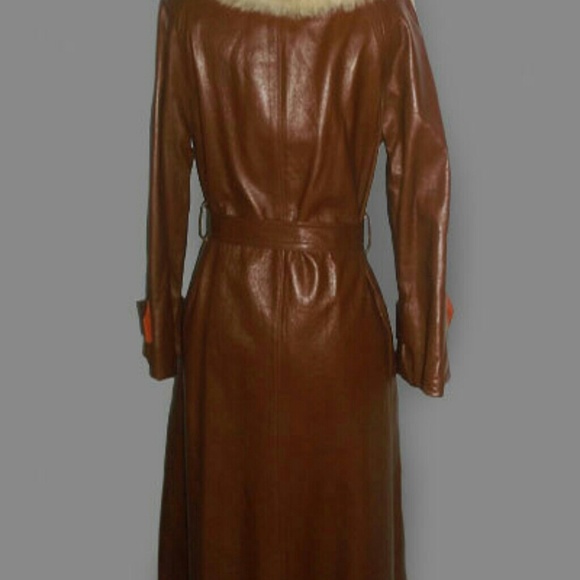 SOLD VTG Brown Leather Real Fur Shawl Collar Coat - Picture 3 of 3