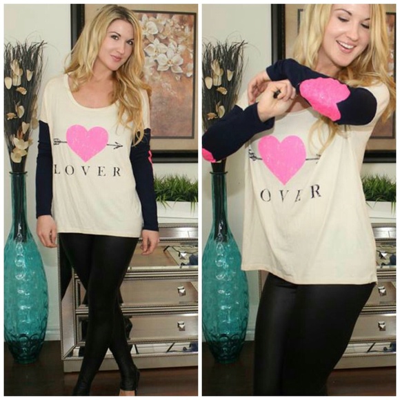 🆕 Sequin Pink Heart Elbow Patch Lover Print Top!