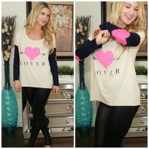 🆕 Sequin Pink Heart Elbow Patch Lover Print Top!