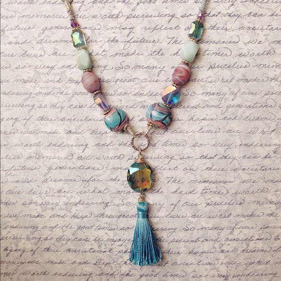 Violet and Blue Silk Tassel With Crystal Necklace