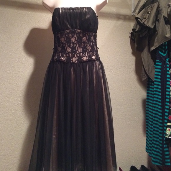 Champange silk with black tulle overlay dress