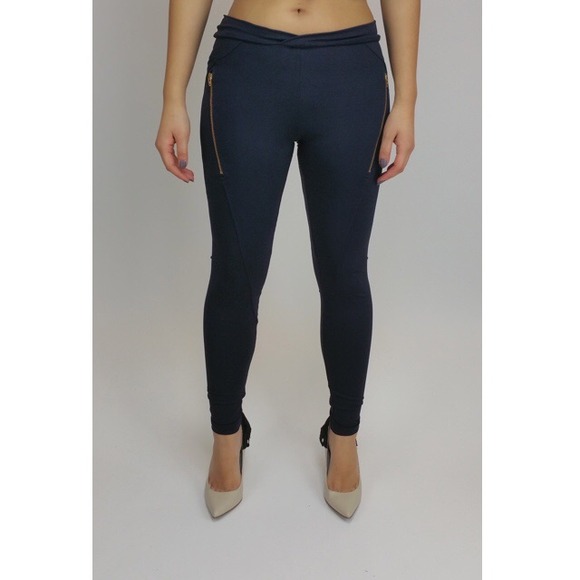 David Lerner Curved Waist Zipper Leggings Black