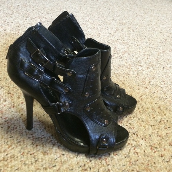 Black faux leather heels