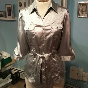 Silver Silky Button down Skirt/Blouse