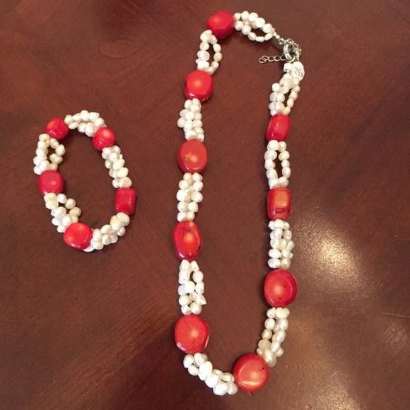 Coral with pearl necklace bracelet set