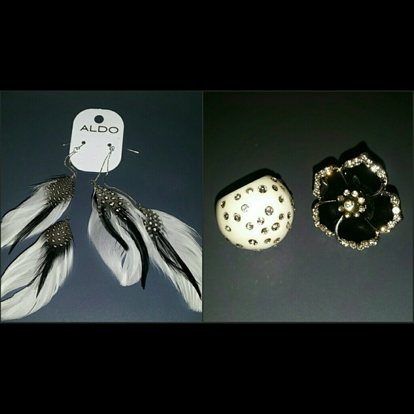 ALDO Black & White Feather Earrings w/ 2 Rings